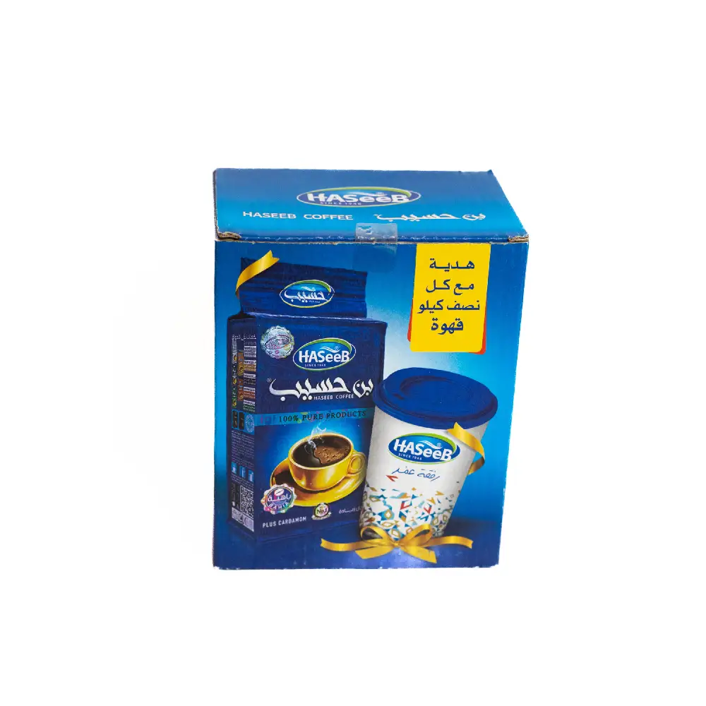 Package of Haseeb Cardamom Coffee 500g with a Glass.
