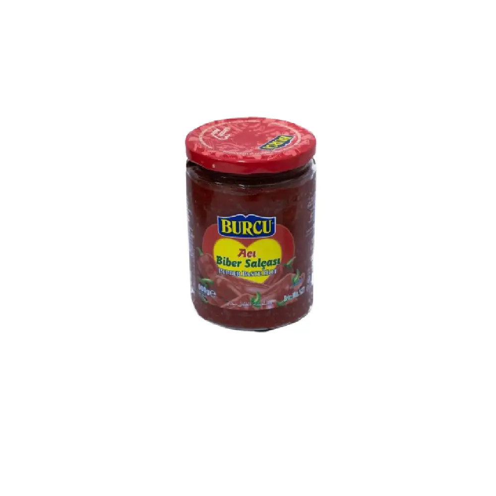 Glass jar of Burcu Hot Pepper Paste 600g.