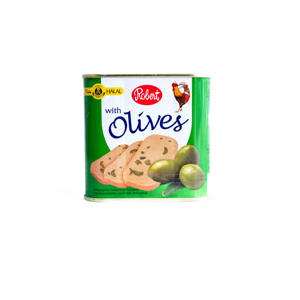 Can of Robert Halal Chicken Meat with Olives 340g.