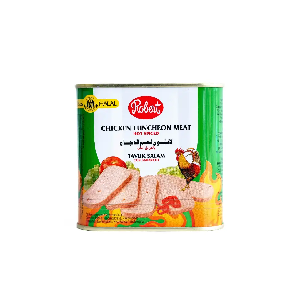 Can of Robert Halal Spicy Canned Chicken 340g.