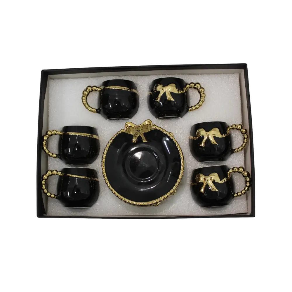 Set of 6 Black and Gold Coffee Cups and Saucers.