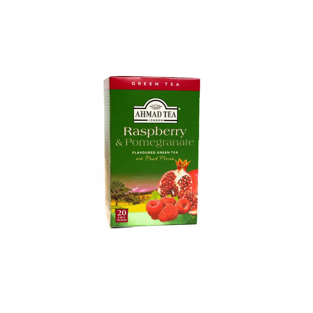 Box of Ahmad Raspberry Pomegranate Green Tea 20 Sachets.