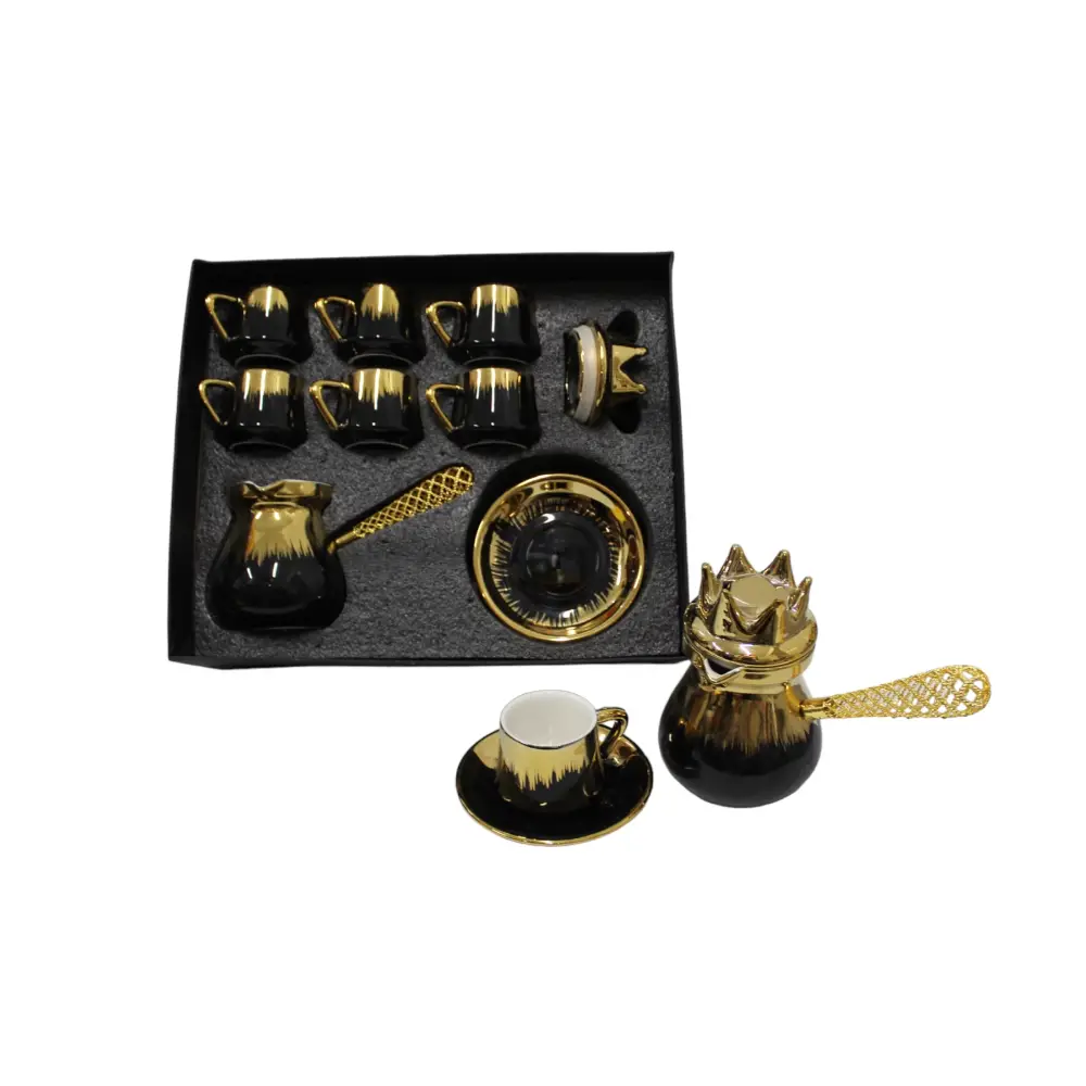Oriental Coffee Set with Kettle and 6 Black Cups.