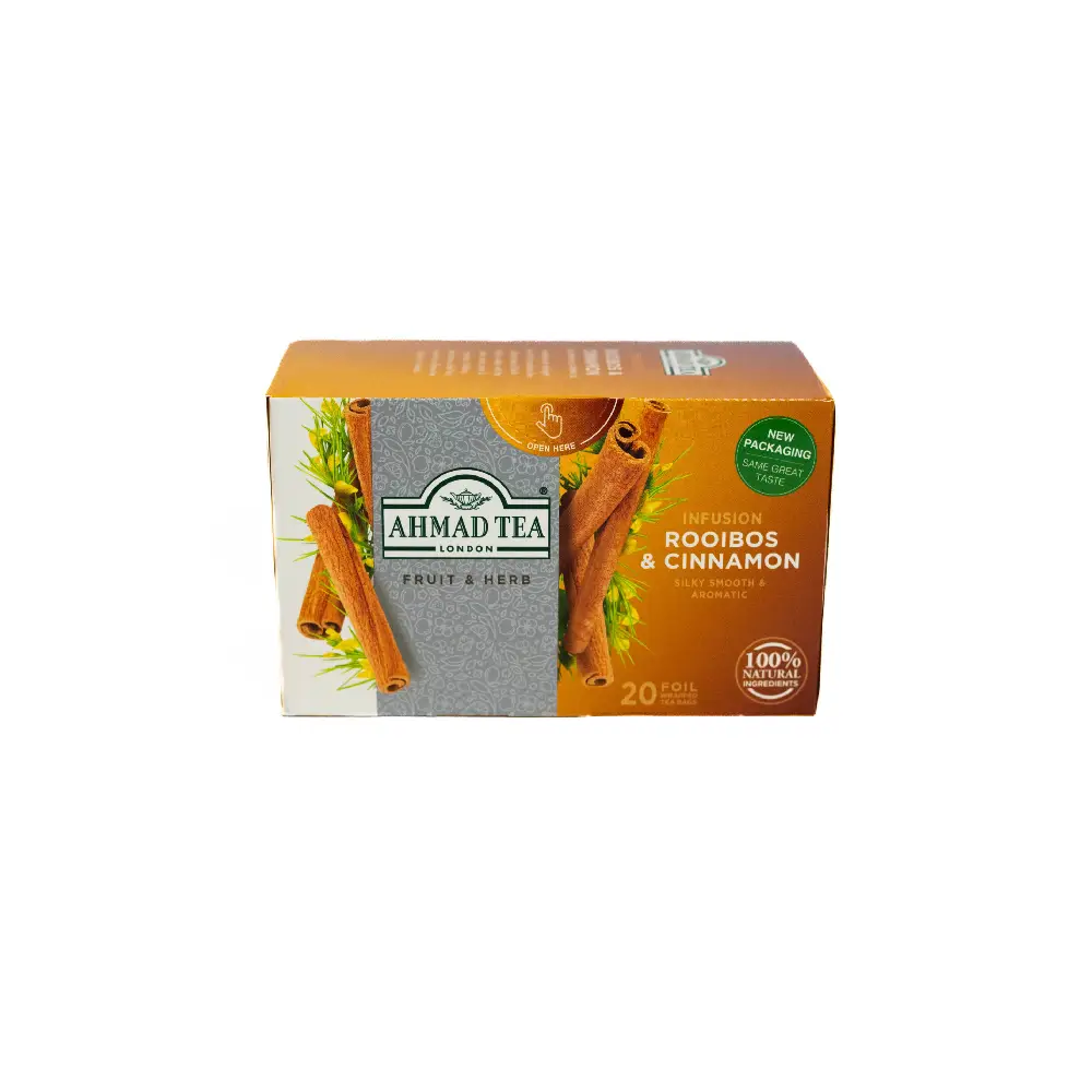 Box of Ahmad Rooibos & Cinnamon Tea 20 Sachets.