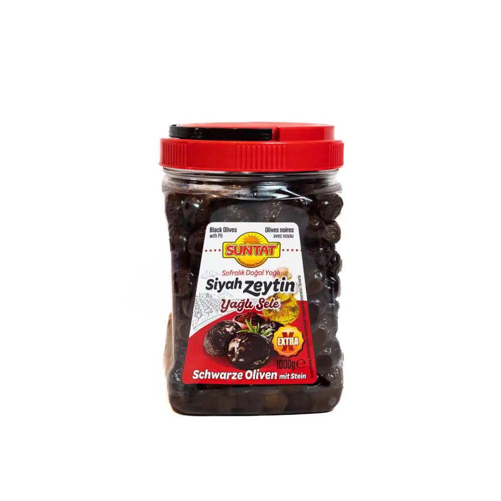 Container of Gemlik Black Olives 1kg in Oil.