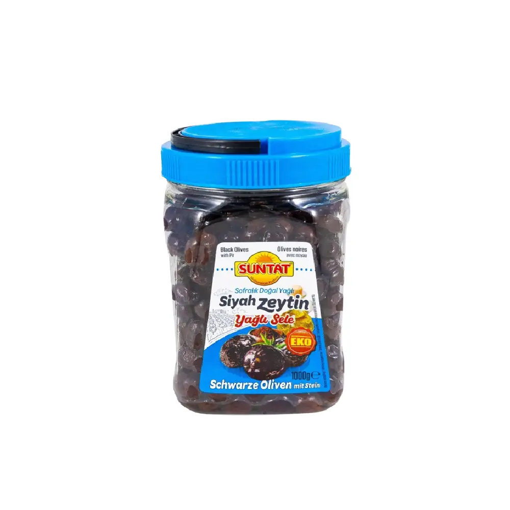 Container of Suntat Black Olives 1kg in Oil.