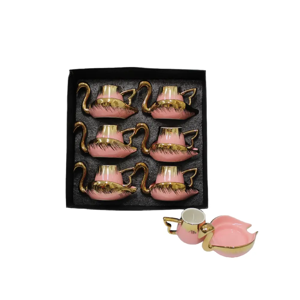 Set of 6 pink and gold ceramic swan cups.